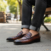 Men's Burgundy Leather Loafer Moccasins | Alligator Embossed Print - model-sitting-bench