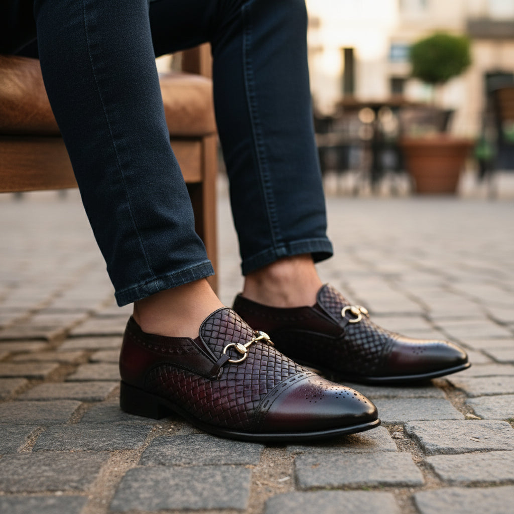 model-sitting-bench - Men's Burgundy Leather Moccasins
