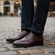 model-sitting-bench - Men's Burgundy Whole Cut Oxford Leather Dress Shoes