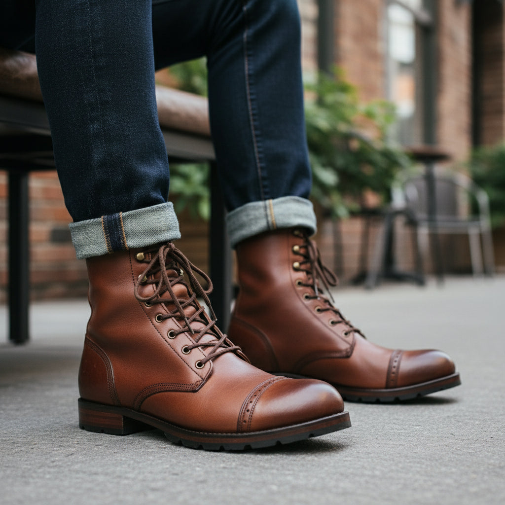 model-sitting-bench - Men's Cap-Toe High Ankle Leather Boots
