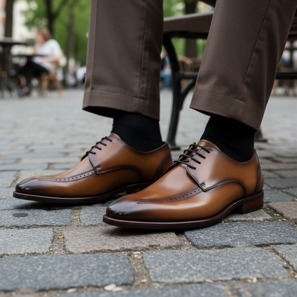 model-sitting-bench - Men's Cap-toe Leather Oxfords in Brown