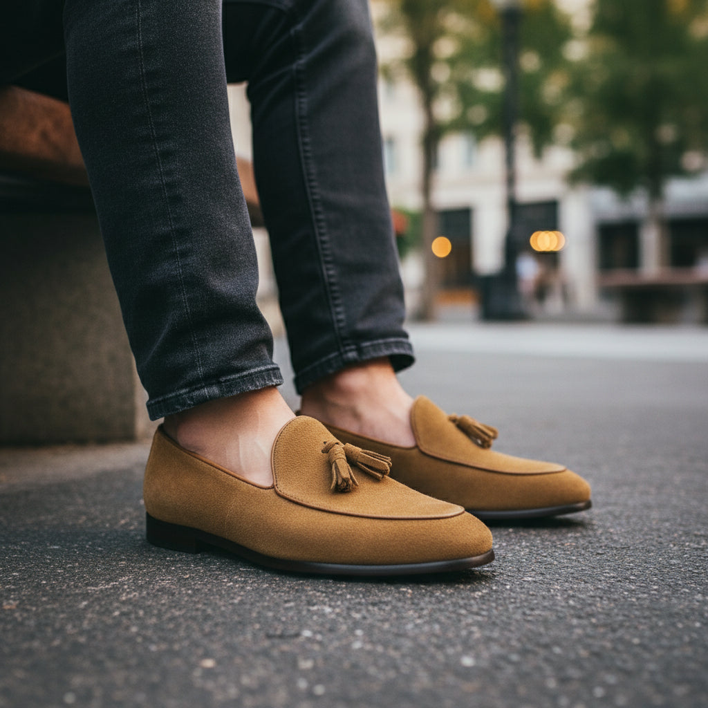 model-sitting-bench - Men's Casual Suede Tassel Loafers