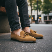 model-sitting-bench - Men's Casual Suede Tassel Loafers