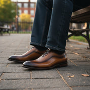 model-sitting-bench - Men's Classic Brogue Leather Dress Shoes