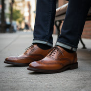 model-sitting-bench - Men's Classic Brown Leather Brogue Dress Shoes