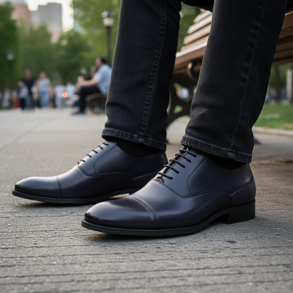 model-sitting-bench - Men's Classic Oxford Leather Shoes