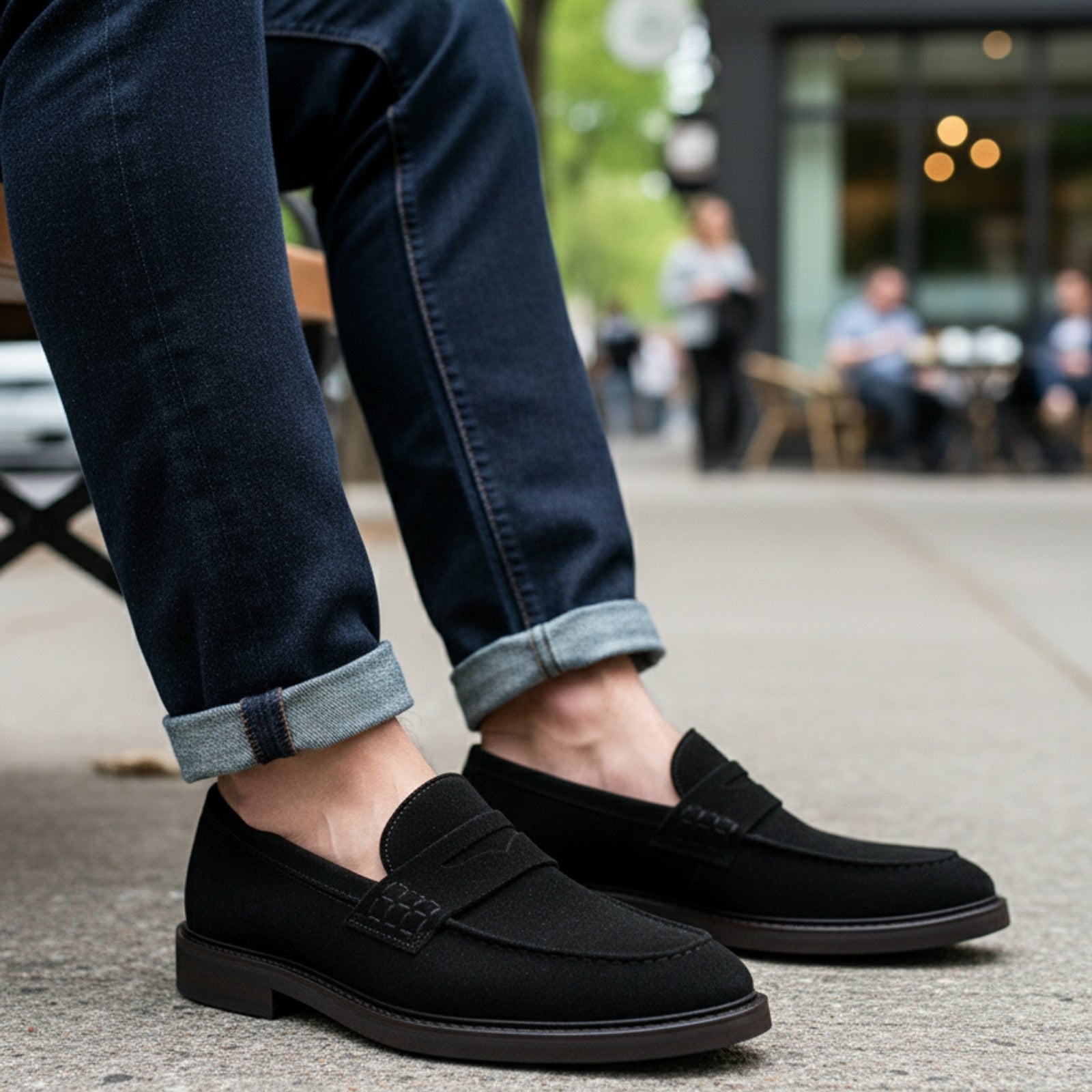 model-sitting-bench - Men's Classic Suede Slip-On Loafers