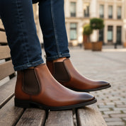 model-sitting-bench - Men's Cow Leather Chelsea Boots with Comfort Fit