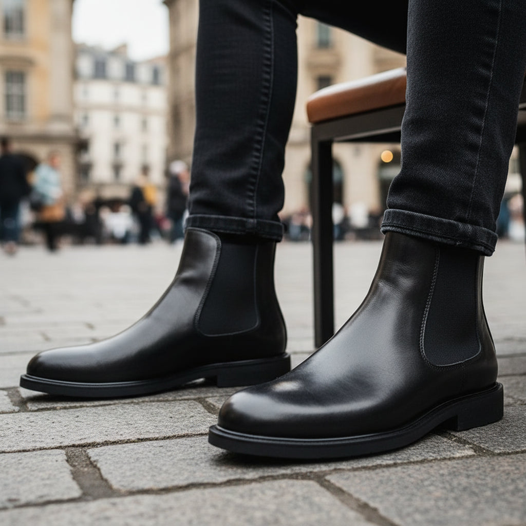 model-sitting-bench - Men's Cow Leather Chelsea Dress Boots