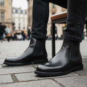 model-sitting-bench - Men's Cow Leather Chelsea Dress Boots