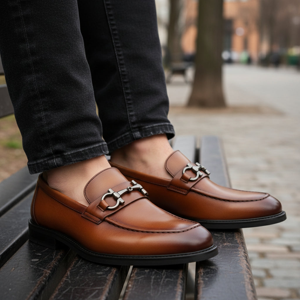 model-sitting-bench - Men's Cow Leather Classic Loafers