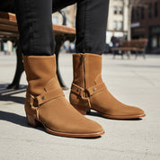 model-sitting-bench - Men's Cow Leather High Ankle Boots in Western Design