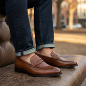 model-sitting-bench - Men's Cow Leather Loafer Shoes