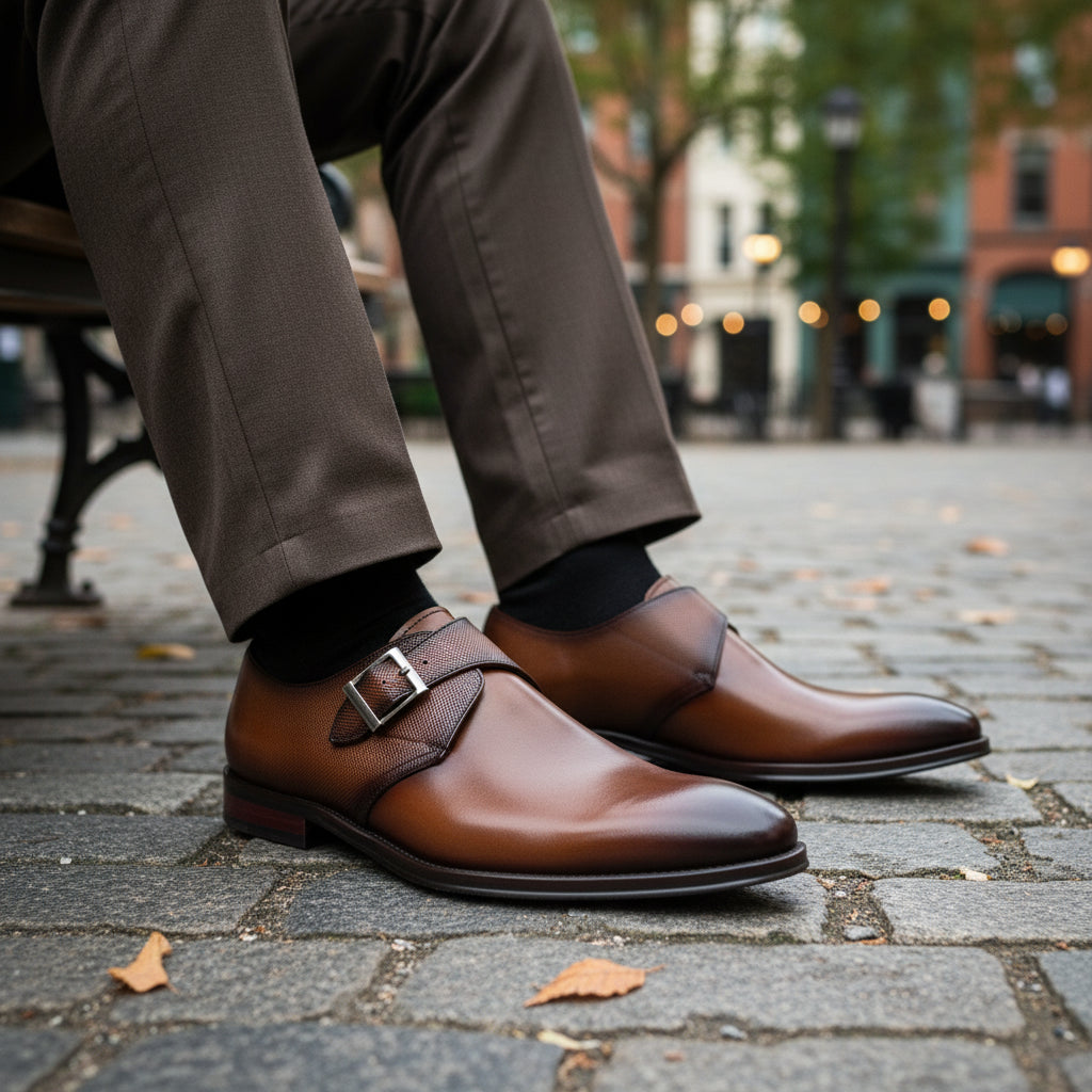 model-sitting-bench - Men's Cow Leather Monk-Strap Dress Shoes