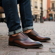 model-sitting-bench - Men's Cow Leather Oxford Dress Shoes