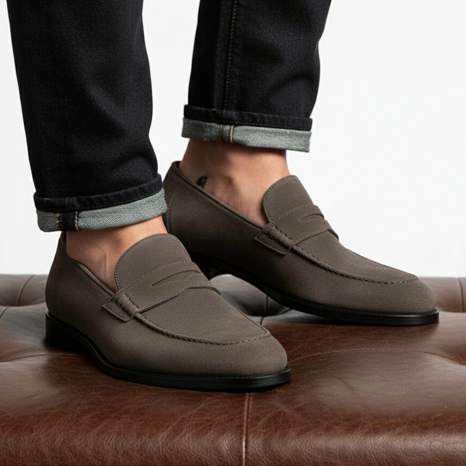 model-sitting-bench - Men's Cow Leather Suede Penny Loafers