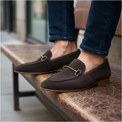 model-sitting-bench - Men's Cow Leather Suede Tassel Moccasins