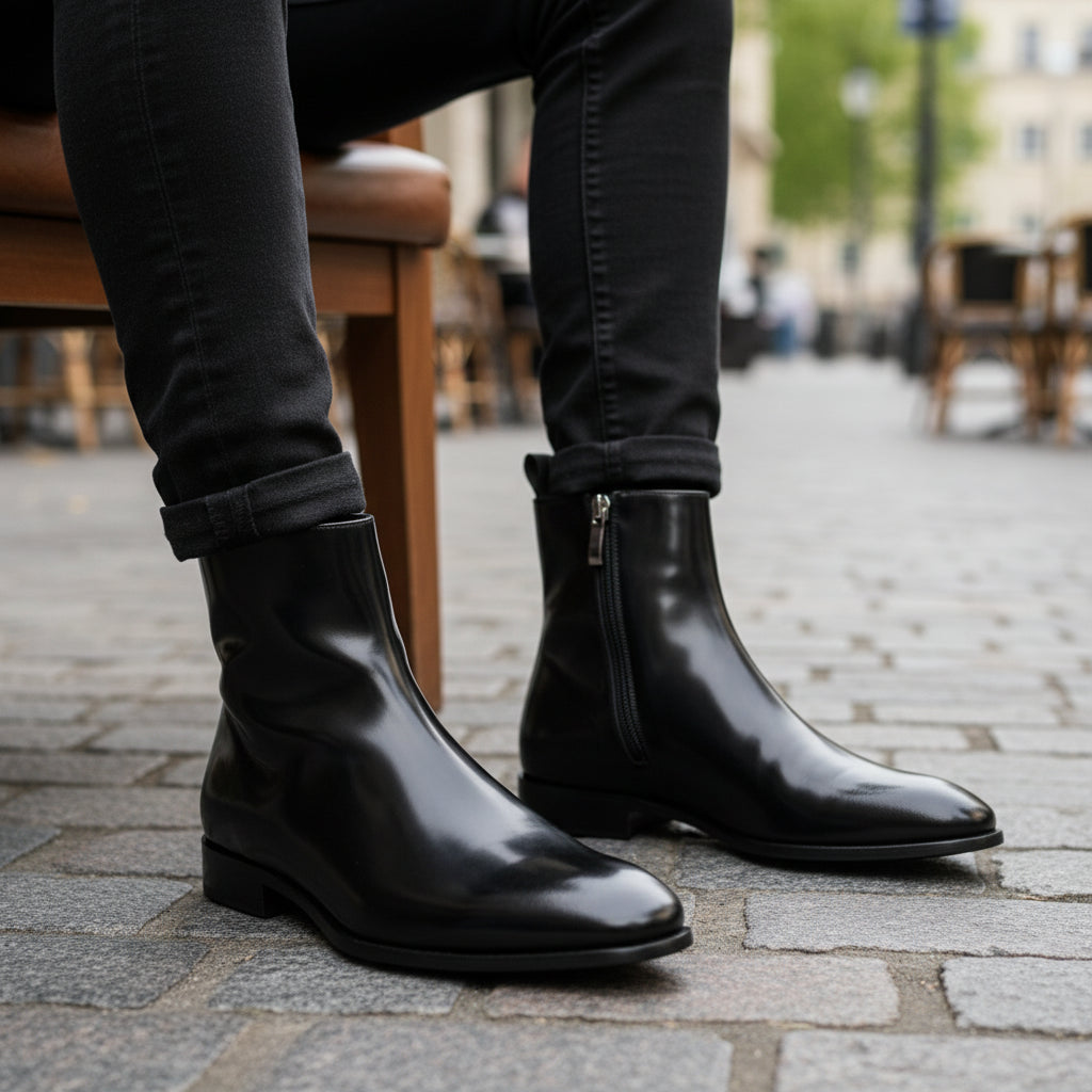 model-sitting-bench - Men's Cow Leather Waterproof Zipper Boots