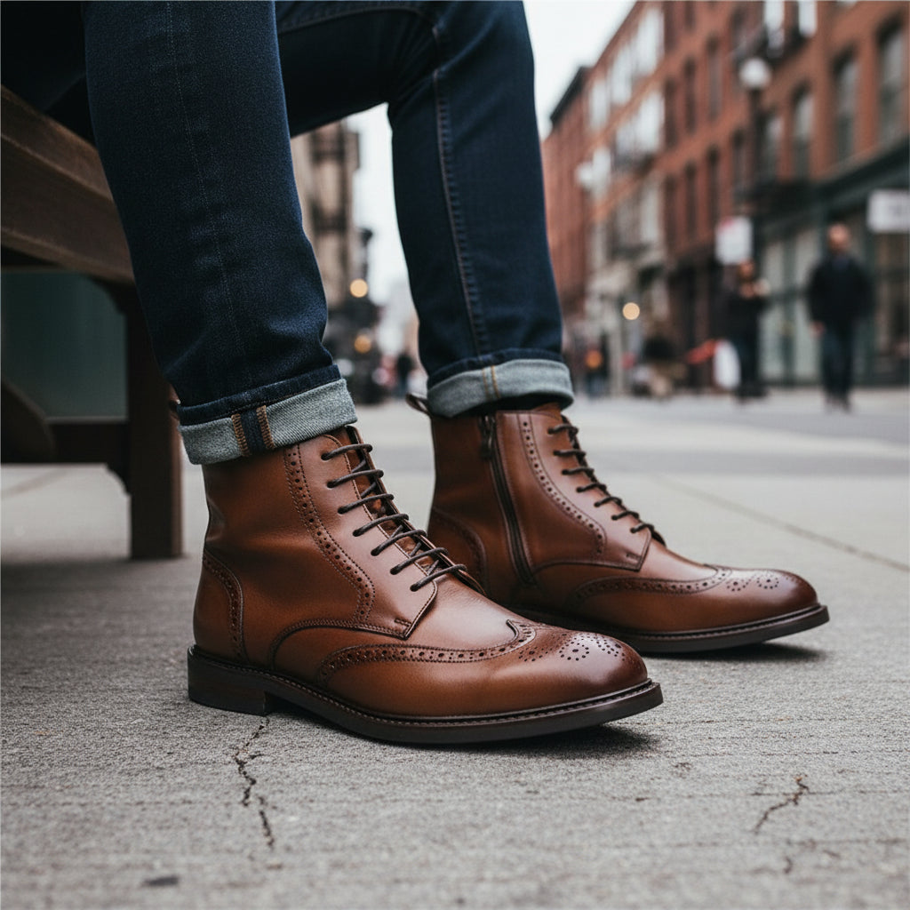 model-sitting-bench - Men's Cow Leather Wingtip Boots