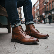 model-sitting-bench - Men's Cow Leather Wingtip Boots