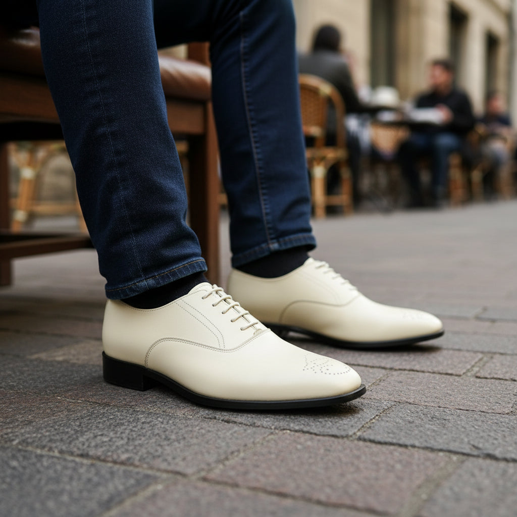 model-sitting-bench - Men's Cream Brogue Dress Shoes in Genuine Calf Leather