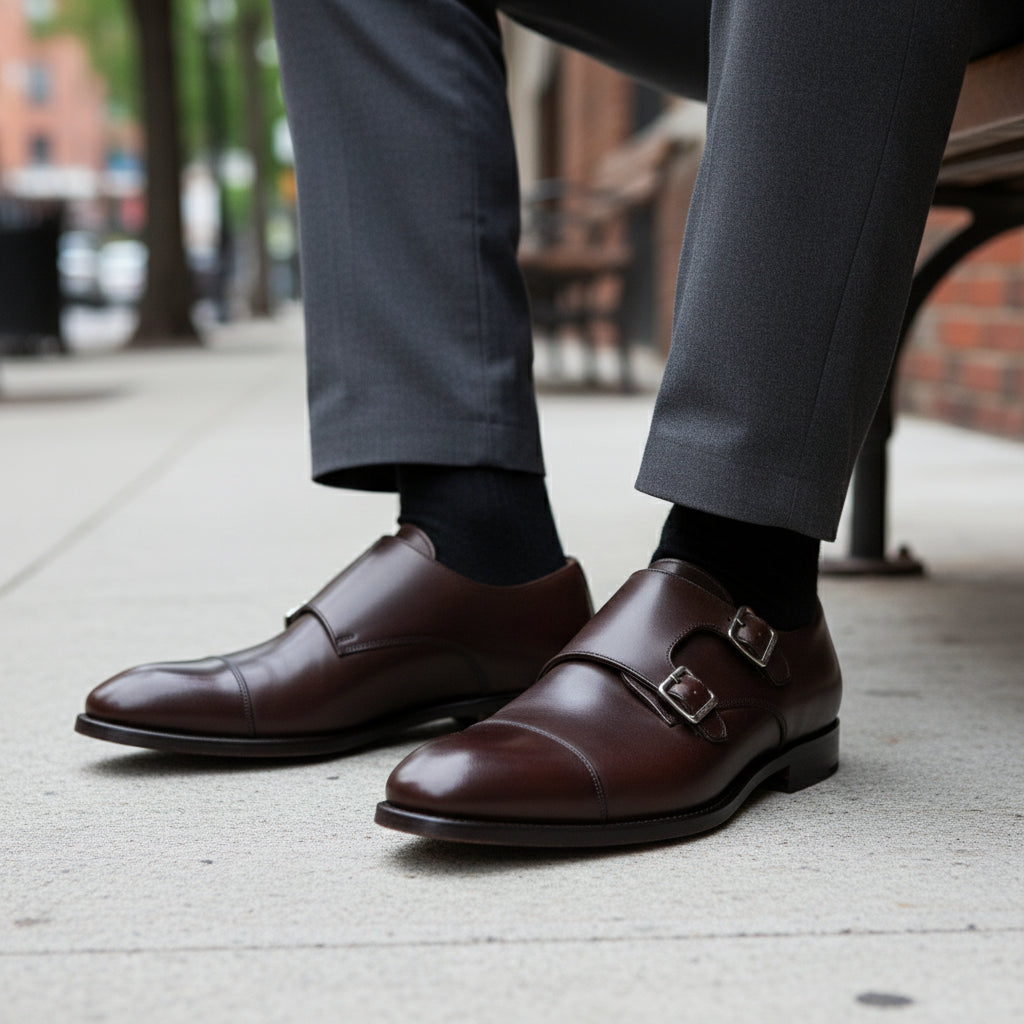 model-sitting-bench - Men's Dark Brown Double Monk Strap Leather Formal Shoes
