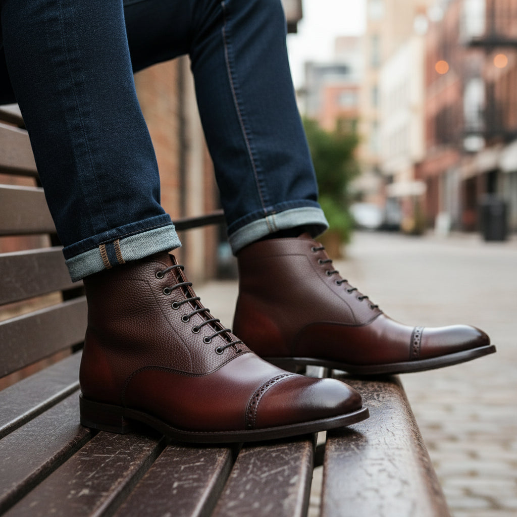model-sitting-bench - Men's Dark Brown Leather Cap Toe Ankle Boots