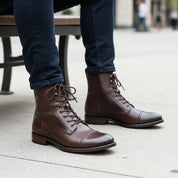model-sitting-bench - Men's Dark Brown Leather Cap Toe Ankle Boots