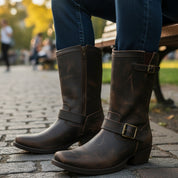 model-sitting-bench - Men's Dark Brown Leather Cowboy Boots