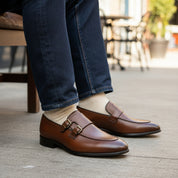 Men's Dark Brown Leather Moccasin Loafers - model-sitting-bench