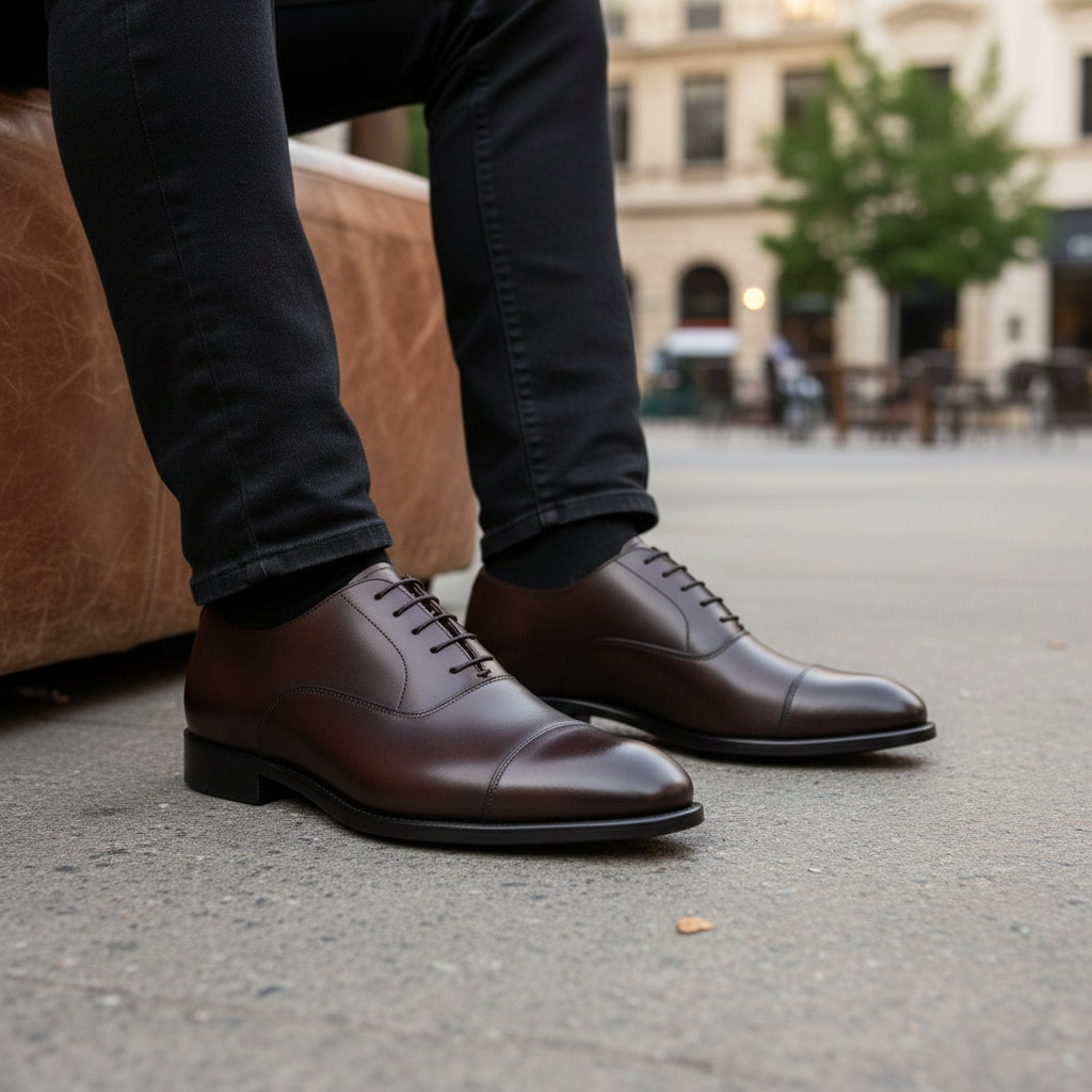 model-sitting-bench - Men's Dark Brown Leather Oxford Dress Shoes