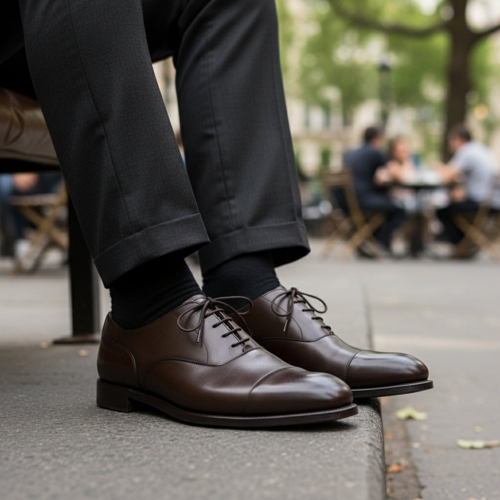 model-sitting-bench - Men's Dark Brown Leather Oxford Dress Shoes