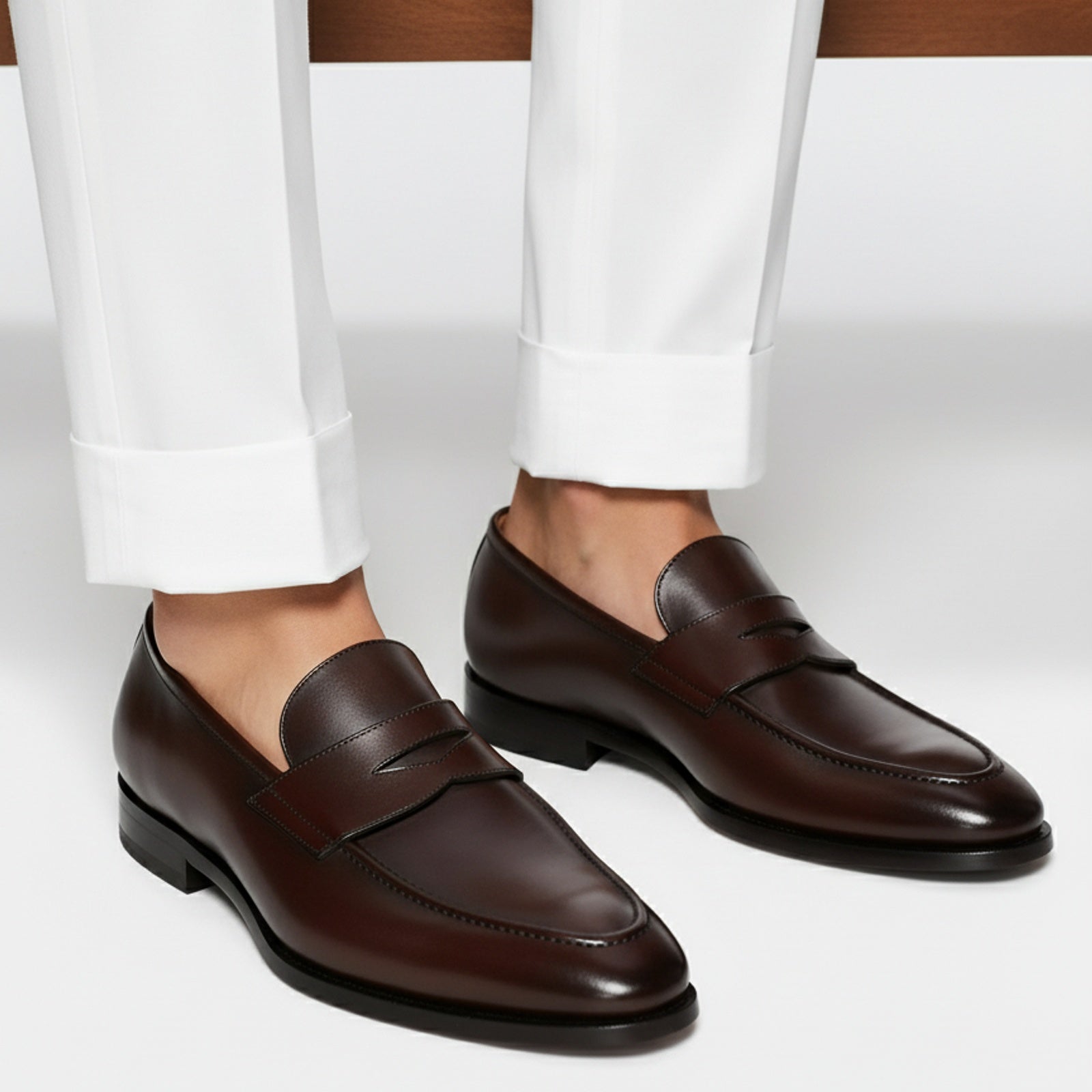 model-sitting-bench - Men's Dark Brown Leather Slip-On Moccasins