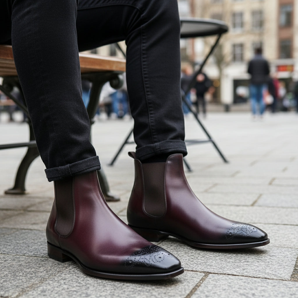Men's Dark Burgundy Leather Chelsea Boots - model-sitting-bench