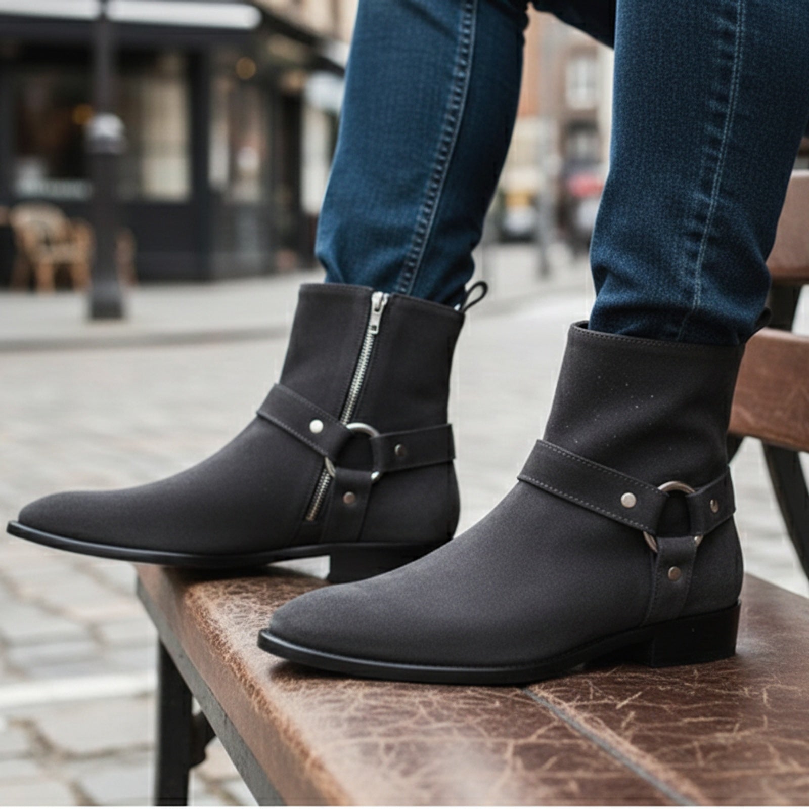 Men's Dark Gray Suede Biker Boots - model-sitting-bench
