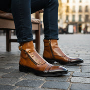 model-sitting-bench - Men's Dark Tan Leather High Ankle Strap Boots