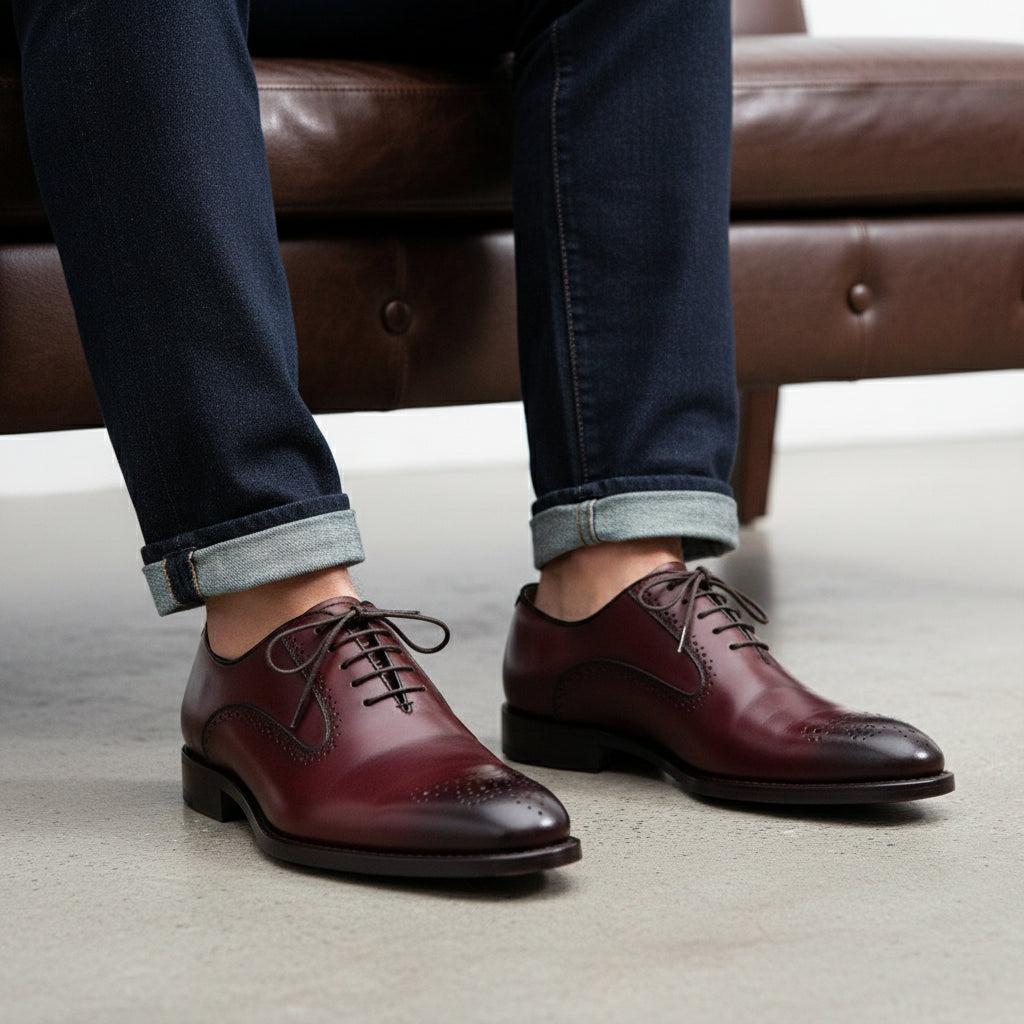 Men's Burgundy Brogue Leather Dress Shoes - model-sitting-bench