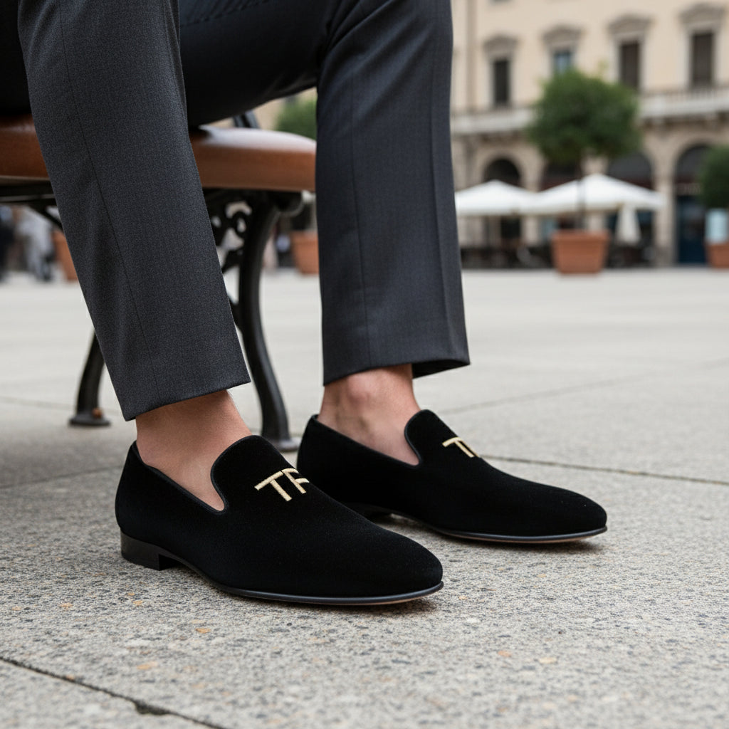 model-sitting-bench - Men's Embroidered Velvet Leather Slippers