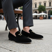 model-sitting-bench - Men's Embroidered Velvet Leather Slippers