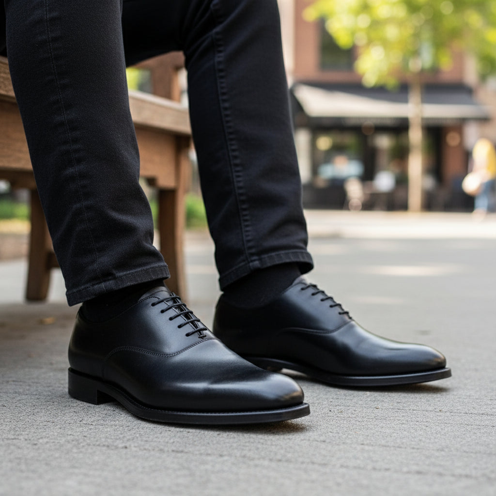 Men's Formal Leather Oxford Tuxedo Shoes - model-sitting-bench