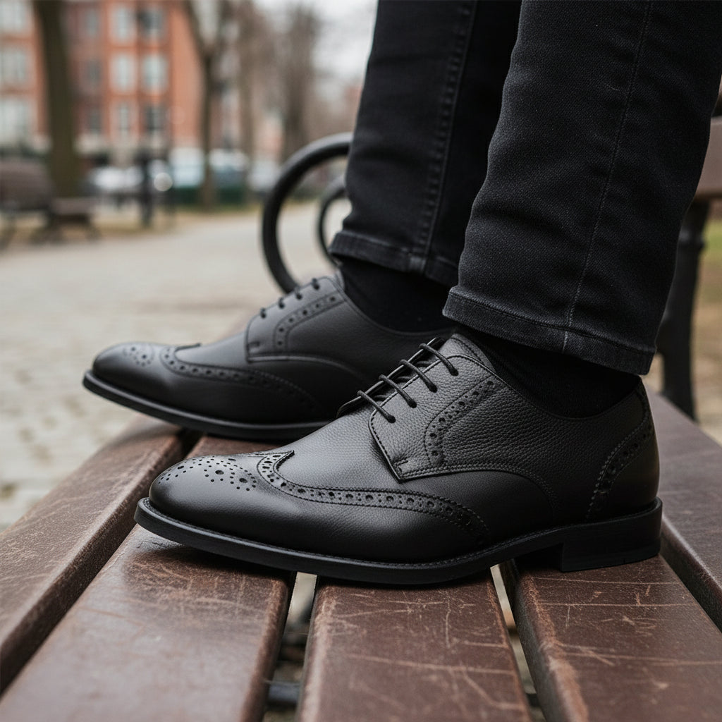 model-sitting-bench - Men's Full Grain Leather Brogue Dress Shoes