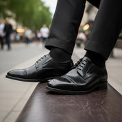 model-sitting-bench - Men's Full Grain Leather Brogue Dress Shoes