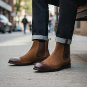 model-sitting-bench - Men's Full Grain Leather Casual Chelsea Boots
