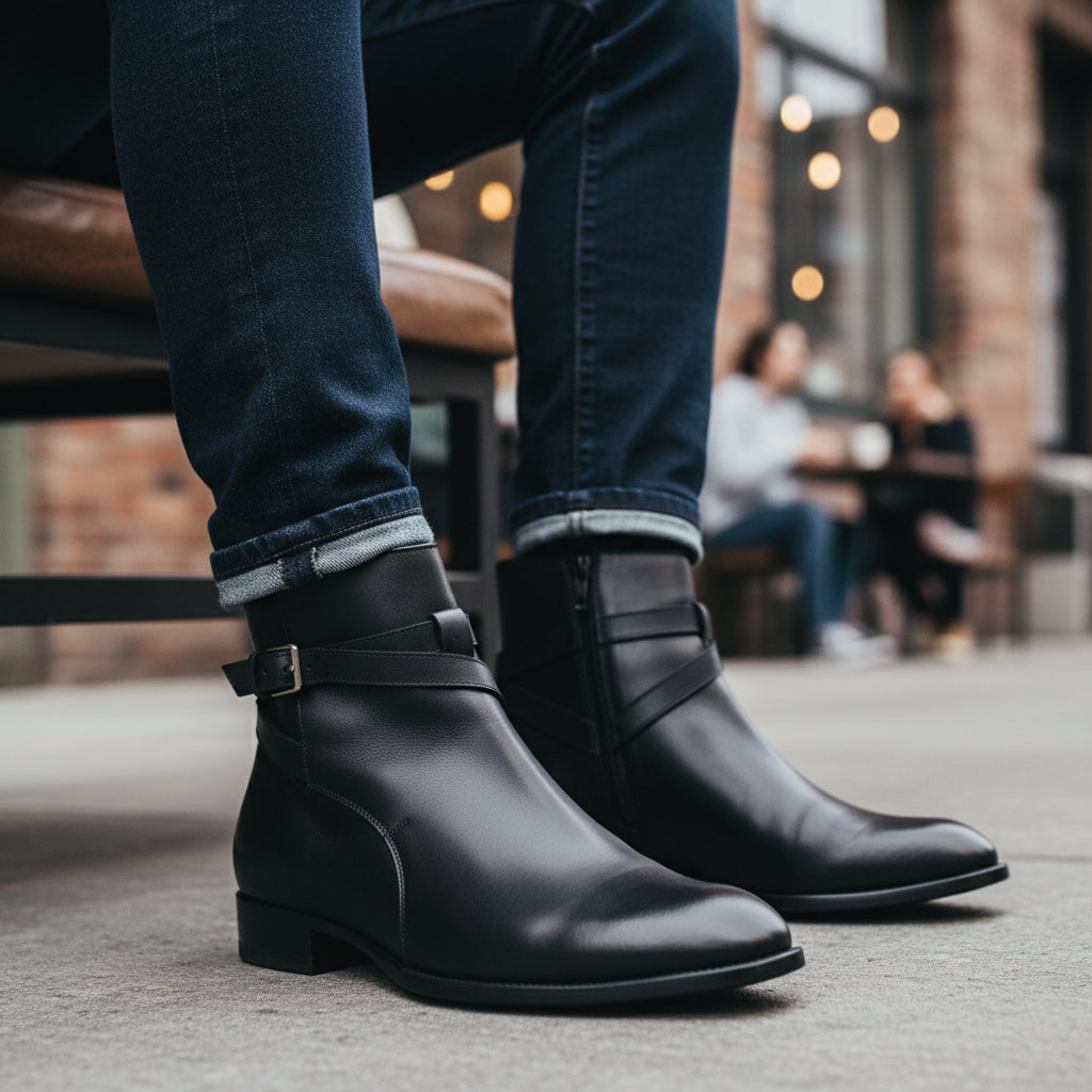 model-sitting-bench - Men's Full Grain Leather Classic Dress Boots