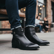 model-sitting-bench - Men's Full Grain Leather Classic Dress Boots