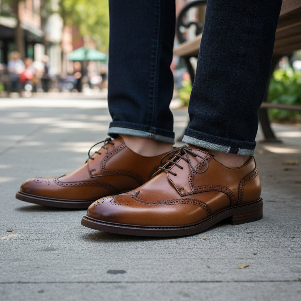 model-sitting-bench - Men's Full-Grain Leather Classic Dress Shoes