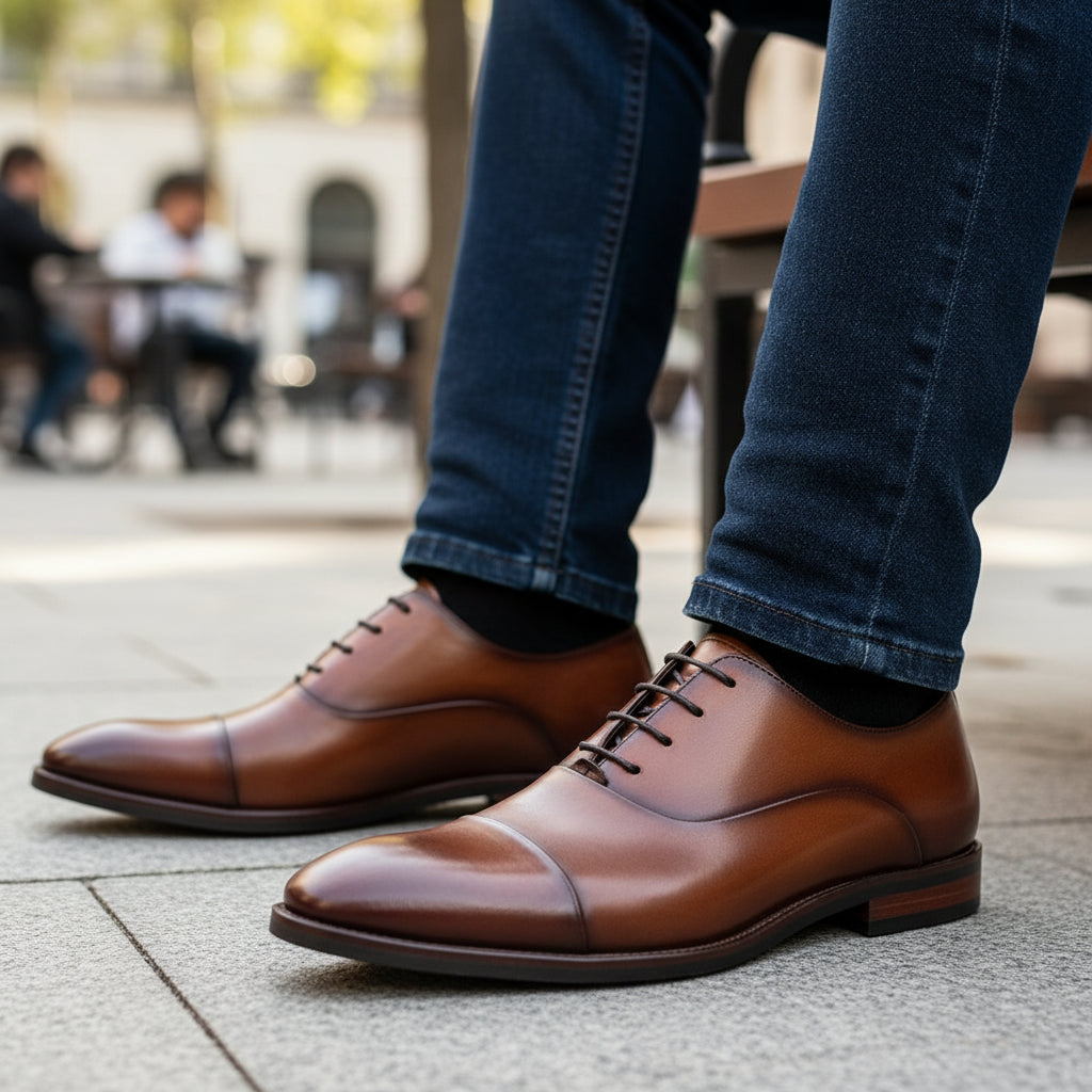 model-sitting-bench - Men's Full Grain Leather Formal Dress Shoes
