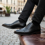 model-sitting-bench - Men's Full Grain Leather Oxford Dress Shoes