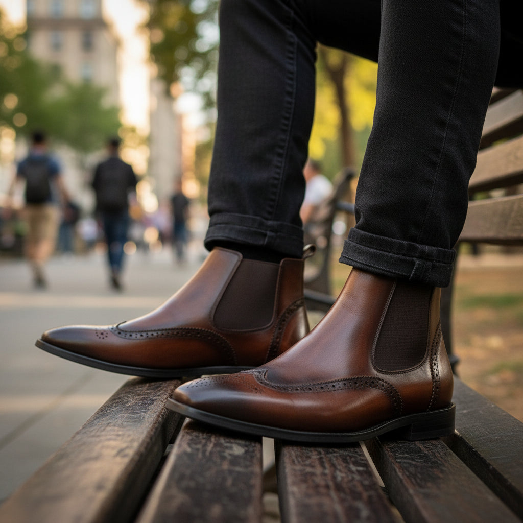 model-sitting-bench - Men's Full Grain Leather Wingtip Chelsea Boots