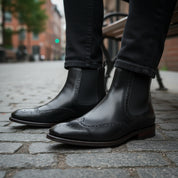 model-sitting-bench - Men's Full Grain Leather Wingtip Chelsea Boots